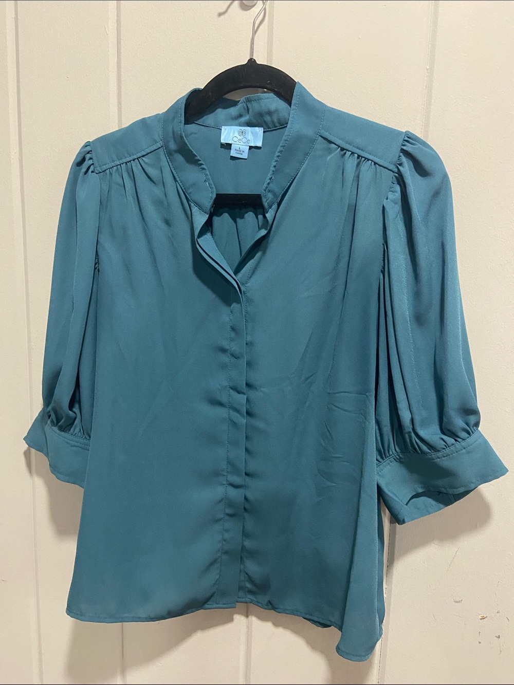 CeCe Teal Puff-Sleeve Button-Front Blouse